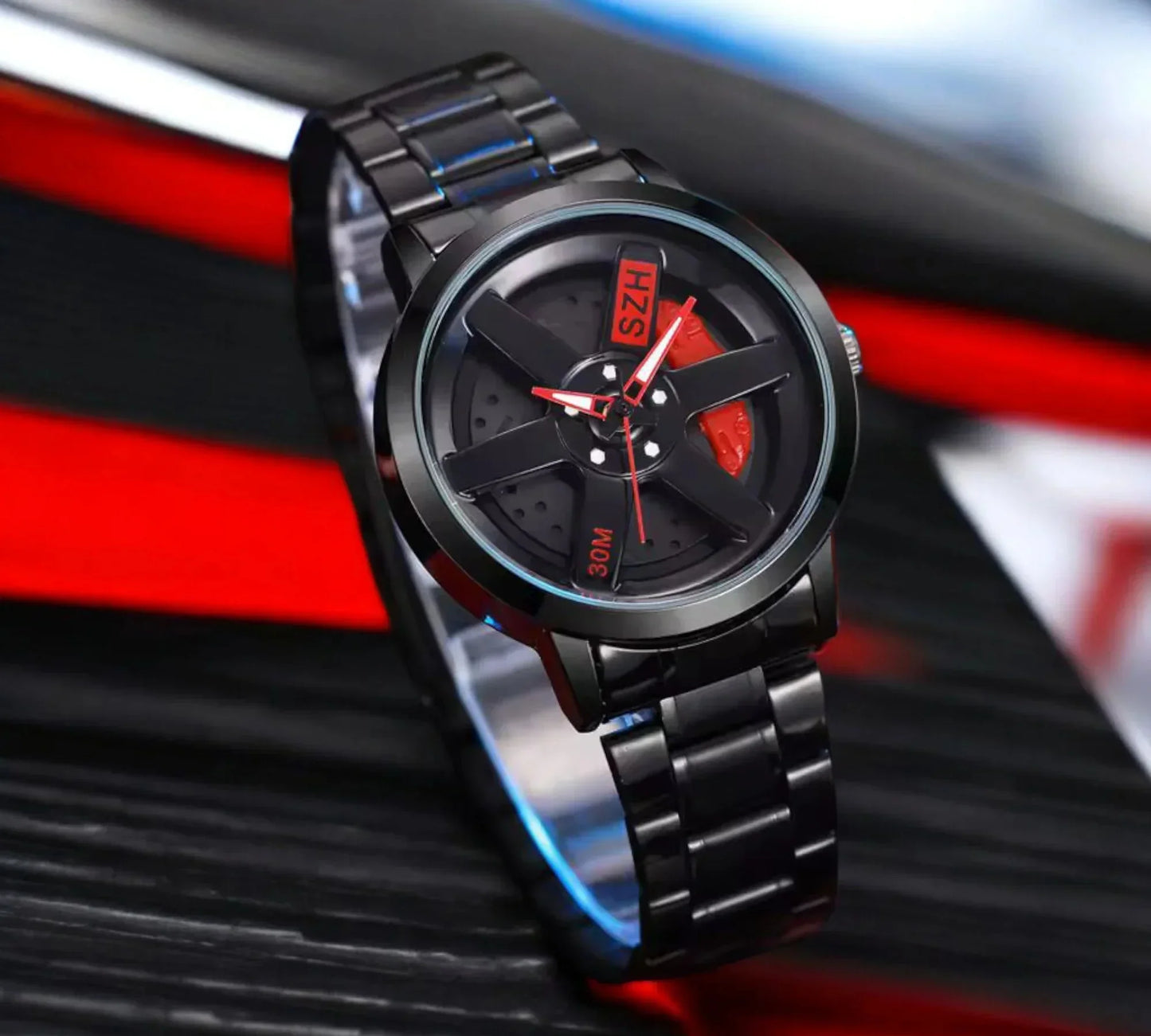 Black metal sports watch with red accents, SZH logo, and 30M water resistance on display.