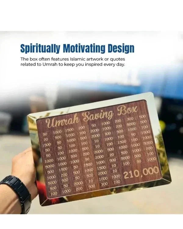 Hand holding wooden Umrah saving box with engraved amounts and motivational design