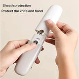 Hands holding a knife with protective sheath for safe blade and hand protection