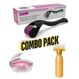 3-in-1 combo pack with black derma roller, clear silicone scalp massage brush, and golden hair oil applicator