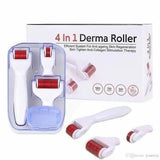 4-in-1 derma roller set with white handles and red micro-needles for skin rejuvenation and anti-aging therapy