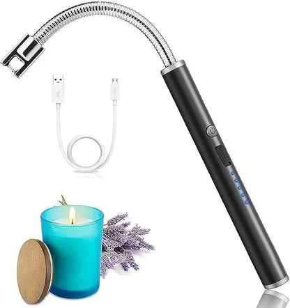 Black flexible electronic lighter with USB cable next to lit blue candle and lavender sprigs