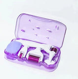 6-in-1 derma roller system with white handles and purple needles in a transparent purple case