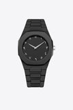 Black wristwatch with Arabic numerals, matte finish, metal strap, minimalist design
