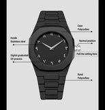 Black polycarbonate Arabic numeral watch with stainless steel hands and labeled parts