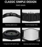 Black octagonal watch with stainless steel crown, bottom cover, and oil gauge strap details