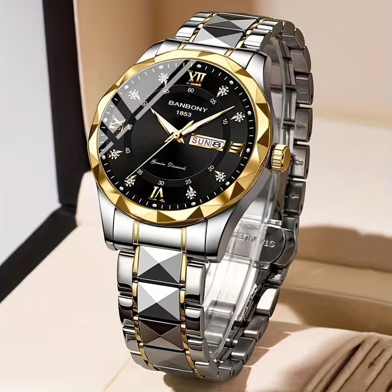 Luxury watch with black dial and silver and gold band on a neutral background