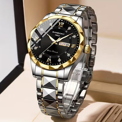 Luxury watch with black dial and silver and gold band on a neutral background