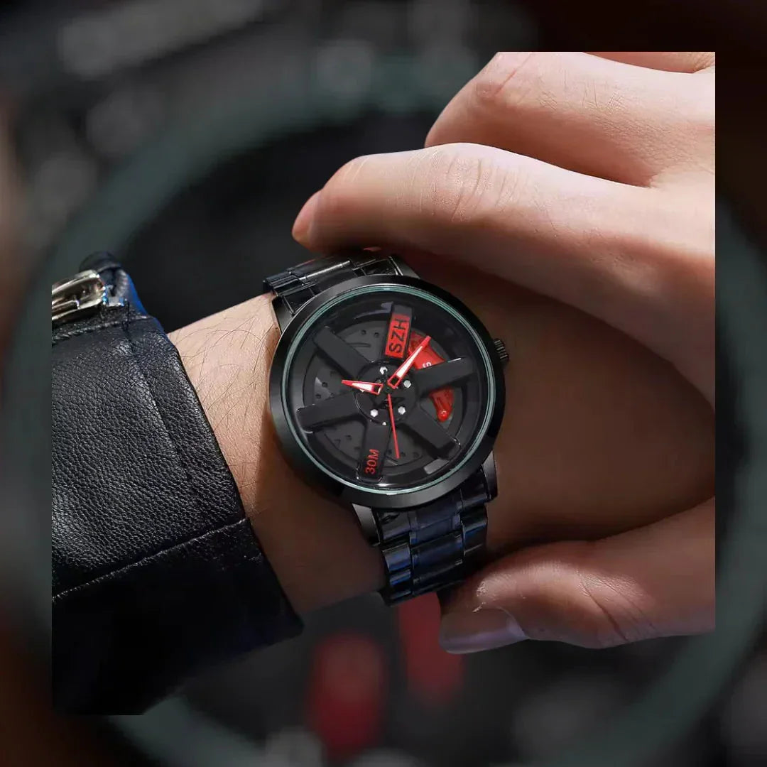 Stylish black wristwatch with red accents on a man's wrist, modern watch design