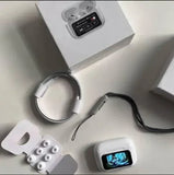 Wireless earbuds in charging case with digital screen, silicone ear tips, and smartwatch on white background