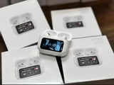 White wireless earbuds with ANC and touch screen on case, shown on packaging boxes