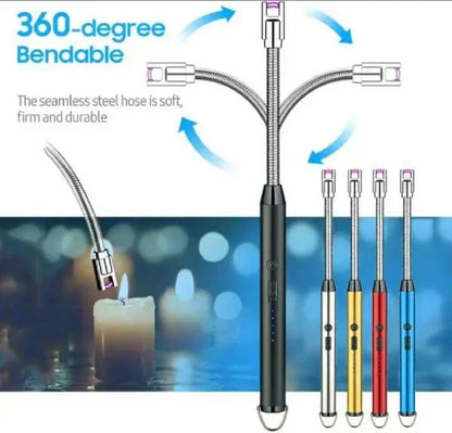 360-degree bendable USB rechargeable flameless arc lighter with steel hose in black, silver, gold, red, and blue colors