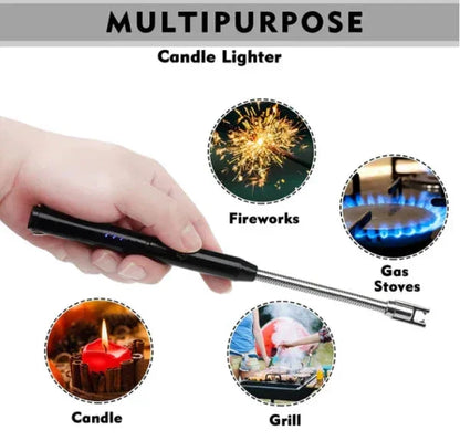 Hand holding black flexible candle lighter for candles, fireworks, gas stoves, and grills