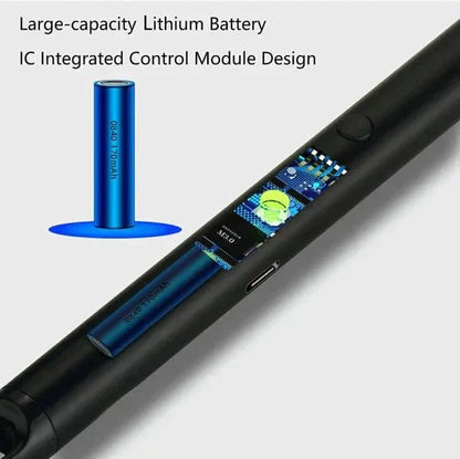 Close-up of black arc lighter showing internal lithium battery and integrated control module design with 170mAh capacity