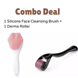Combo deal with silicone face cleansing brush in white and pink plus black derma roller