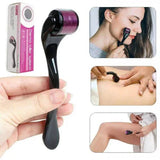 Hand holding black derma roller with micro-needles and box, plus images of woman using it on face, back, and leg