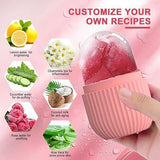 Hand holding pink facial ice roller with customizable skincare recipes like lemon, chamomile, cucumber, coconut milk, rose, and aloe vera