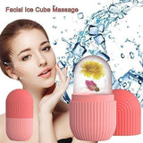 Facial ice cube massage tool in pink with flowers, used for skincare and facial massage