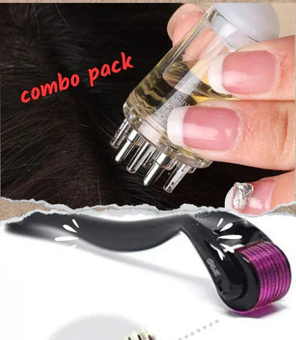 Combo pack featuring scalp root hair oil applicator and 0.5mm derma roller for hair care