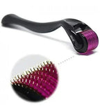Black derma roller with purple microneedle drum for scalp and hair care