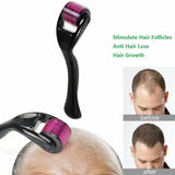 Black derma roller with purple titanium needles used on scalp to stimulate hair growth, shown before and after results