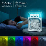 Portable air conditioner fan with LED night light on bedside table, woman sleeping, 7-color options.