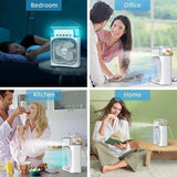 Portable air conditioner fan with LED night light and humidifier used in bedroom, office, kitchen, and home settings