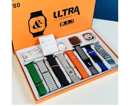 Y80 Ultra 8-in-1 smart watch bundle with 49mm jelly case, multiple colorful watch bands, charger, and user manual in orange box