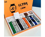 Y80 Ultra 8-in-1 smart watch bundle with 49mm jelly case, multiple colorful watch bands, charger, and user manual in orange box