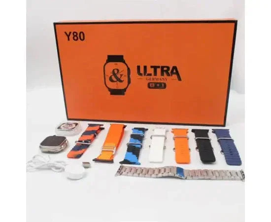 Y80 Ultra 8-in-1 smart watch set with 49mm jelly case, multiple colorful straps, and charger